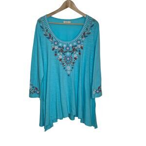 Caite Womens Embroidered Tunic Top Large Blue Floral Asymmetrical Cotton Boho